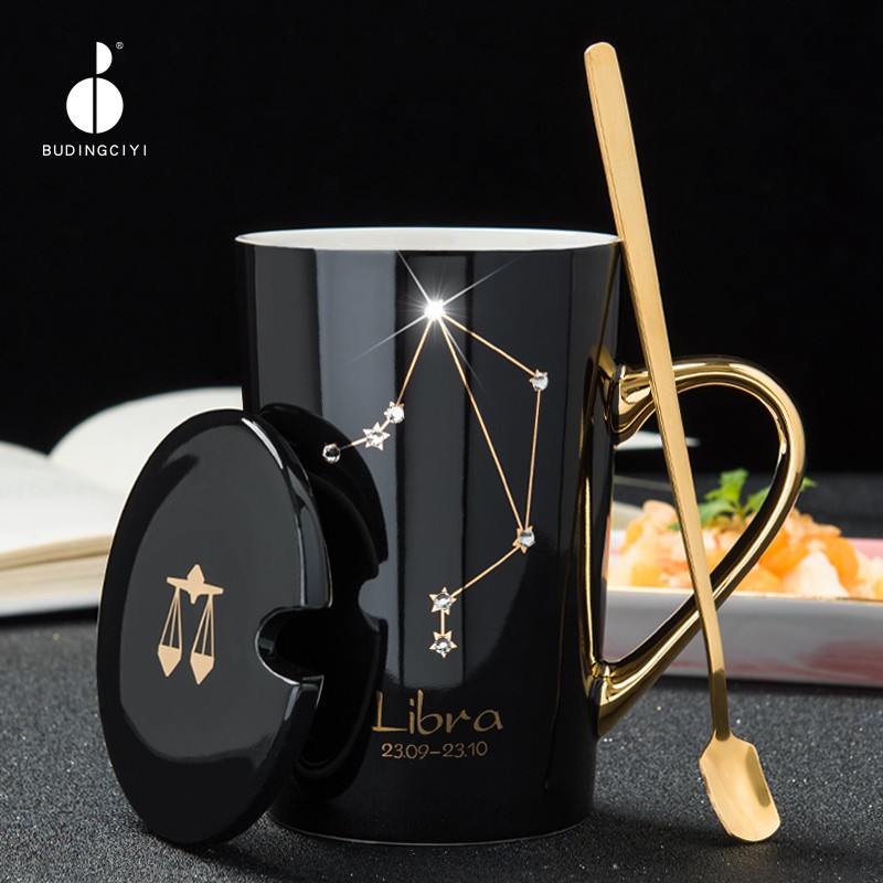创意高档情侣陶瓷马克杯高级感镶钻水杯带盖办公室咖啡高颜值杯子