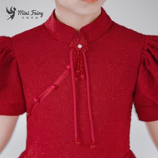 女童圣诞节红色生日礼服学生元旦晚会演出服中式立领晚会主持长裙