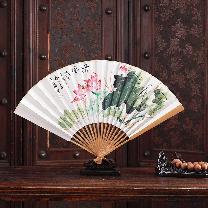 9寸9.5寸折扇手绘苏工扇面玉竹中国风出国礼品书画礼品文玩送扇套