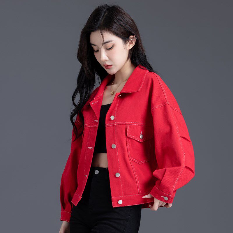 小个子百搭大红色牛仔外套女2024新款小众独特牛仔衣高腰短款上衣