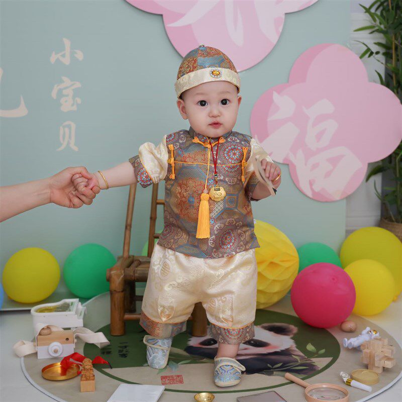 一周岁礼服宝宝夏季生日宴服男童新中式抓周百岁冠衣婴儿国风套装