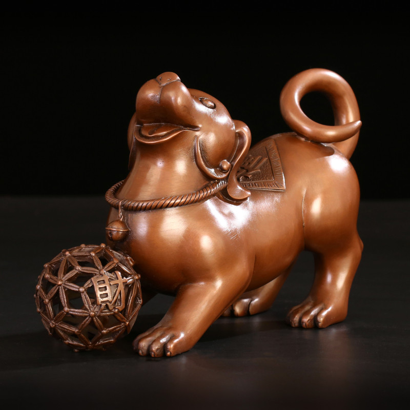 匠泽铜魂 纯紫铜生肖狗绣球犬家居铜狗摆件客厅工艺品 办公室摆设