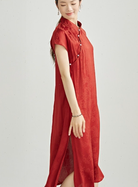 红色改良旗袍日常妈妈中年夏季新款提花新中式连衣裙短袖敬酒礼服