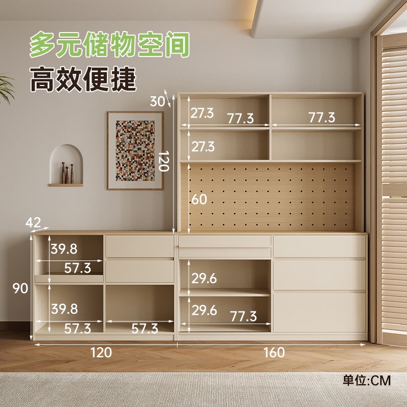 美式乡村原木风高矮组合餐边柜一体靠墙家用客厅洞洞板储物柜定制