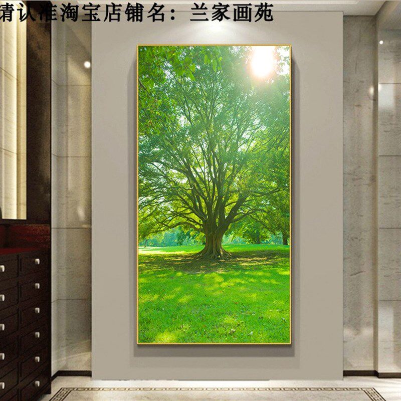 高清玄关画绿色大树风景画进门走廊墙万年青晶瓷画森林树木壁挂画