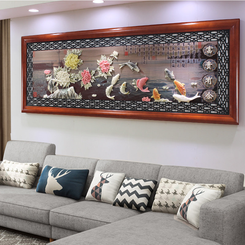 新中式背景墙画客厅挂画大气轻奢3D立体浮雕画墙壁大尺寸玉雕壁画