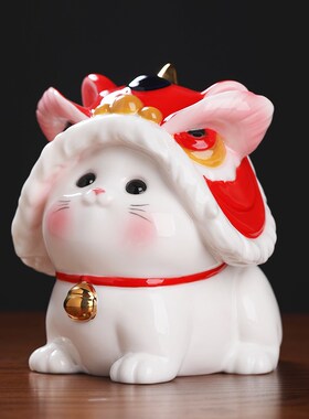 东方泥土陶瓷招财猫小摆件中式客厅办公室桌面国潮红色舞狮装饰品