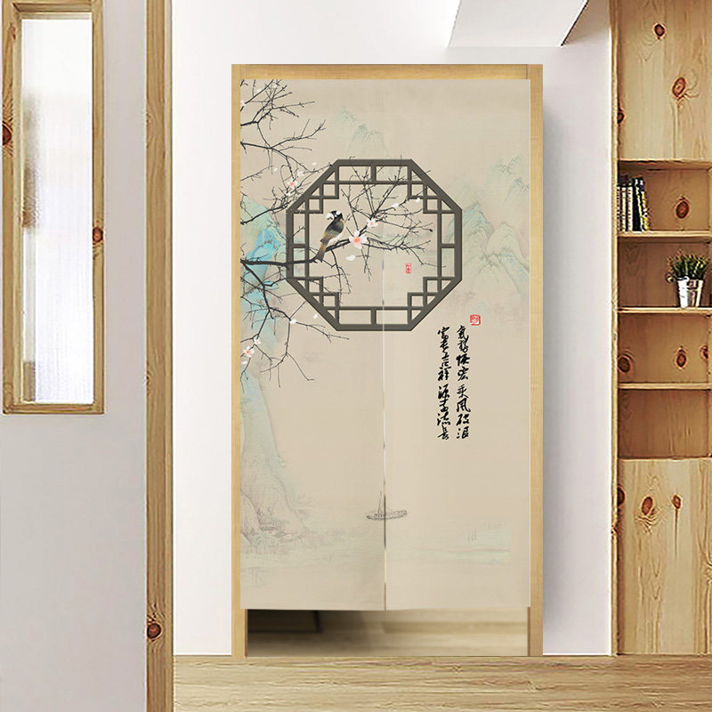 新中式古典花鸟入户门帘卧室玄关隔断帘厨房卫生间挂帘魔术贴布艺