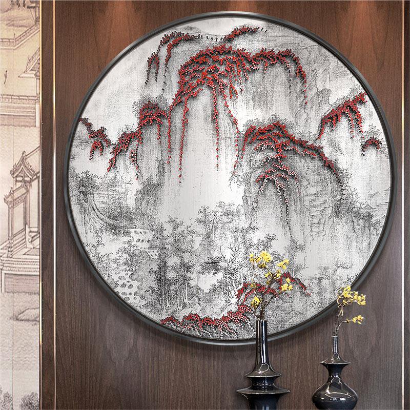 样板房圆形装饰画酒店软装手工钉子画新中式风格玄关壁饰金属框画