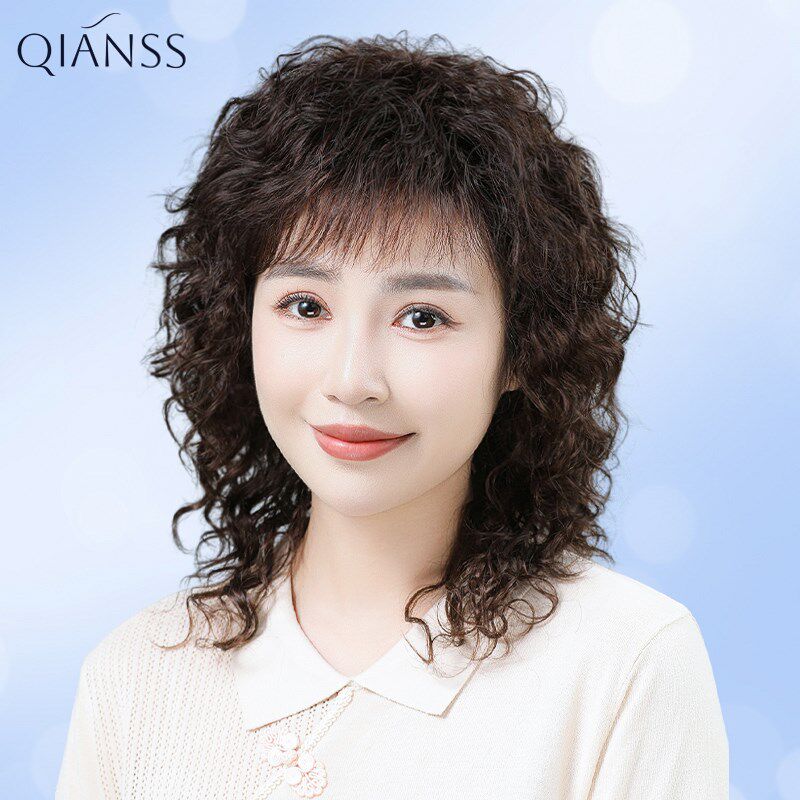 假发女全头套羊毛卷假发真人发丝卷发中老年妈妈款长卷发自然洋气