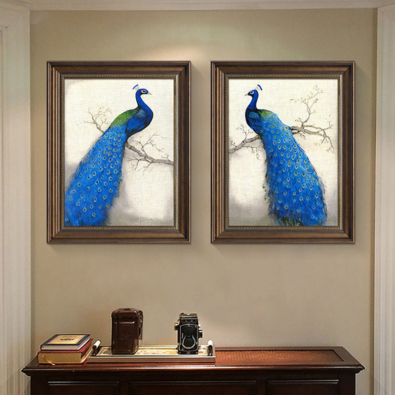客厅装饰画孔雀欧式沙发背景墙壁画三联画美式玄关挂画餐厅墙画