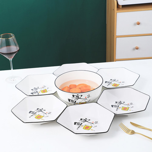 陶瓷盘子菜盘家用碟子菜碟团圆拼盘餐具套装组合创意网红六角盘