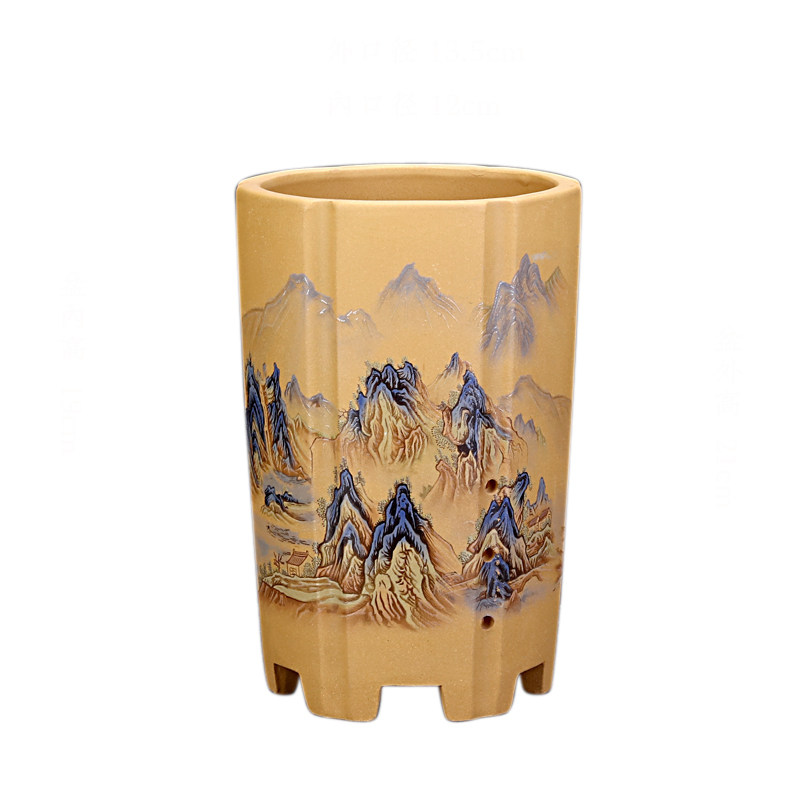 紫砂兰花盆精品圆形手工贴画简约桌面古典竹子盆景盆君子兰中国风