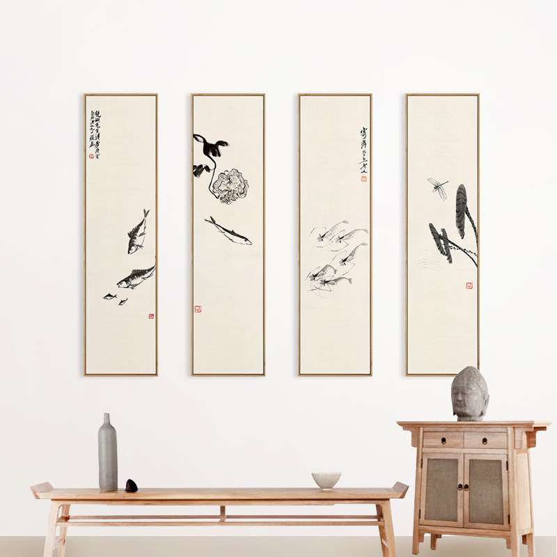齐白石水墨荷花小鱼禅意画新中式竖版国画装饰画茶室背景墙挂画