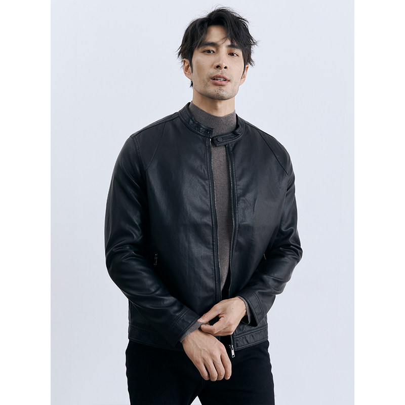 秋冬高端外套 休闲立领夹克男士百搭修身高级感卡其色复古皮衣