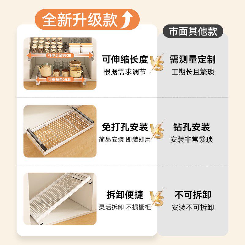 橱柜拉篮厨房下水槽抽屉式可伸缩沥水架免打孔抽拉碗碟收纳置物架