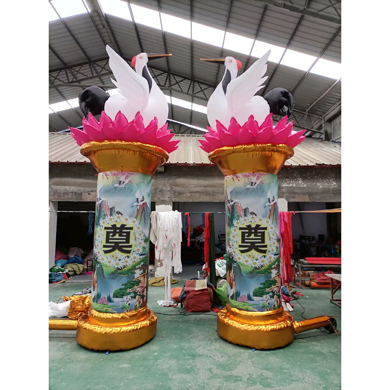 白事充气莲花柱丧事喷绘仙鹤柱专用蓝色灯笼球立柱气模通风机拱门