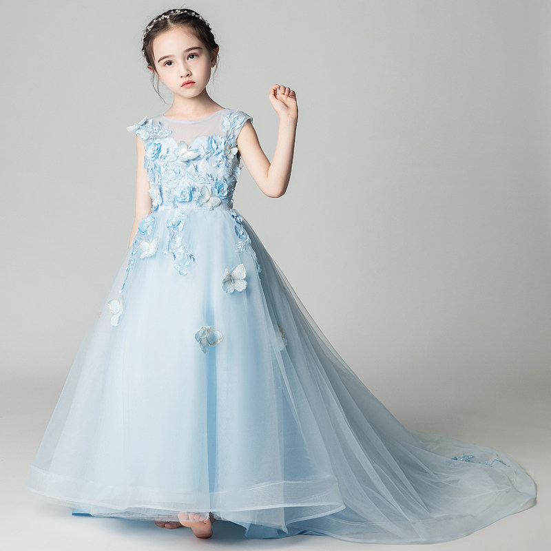 儿童礼服公主裙女童小花童婚纱拖尾蓝色模特走秀钢琴表演服蓬蓬纱