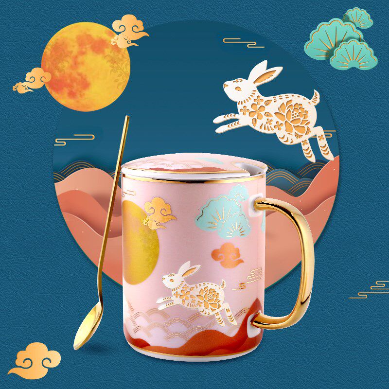 创意个性国潮马克杯男女水杯办公室茶杯家用陶瓷杯带盖勺早餐杯子