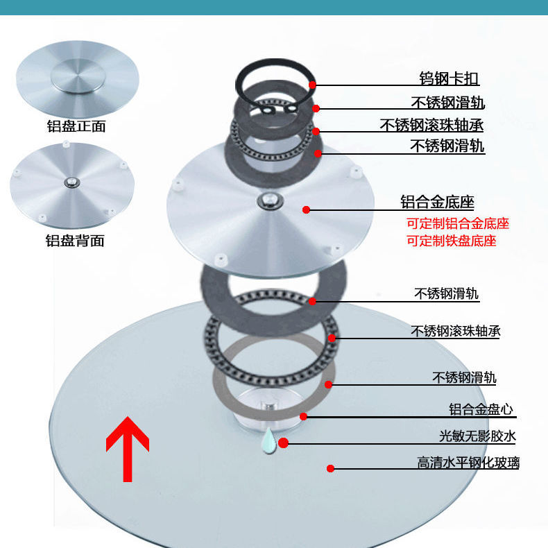 餐桌钢化玻璃转盘专用底座转芯圆形底座铝合金盘体加钢轴承赠胶水