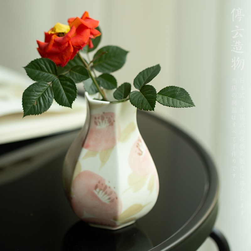 中式手绘枇杷山茶陶瓷花瓶小号迷你六边花尊书房水培插花摆件景德