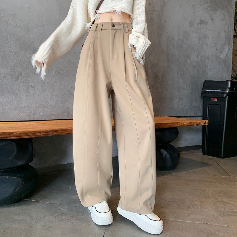 加厚垂感工装裤女2024冬季大码胖mm高腰显瘦直筒裤松弛浅卡西装裤