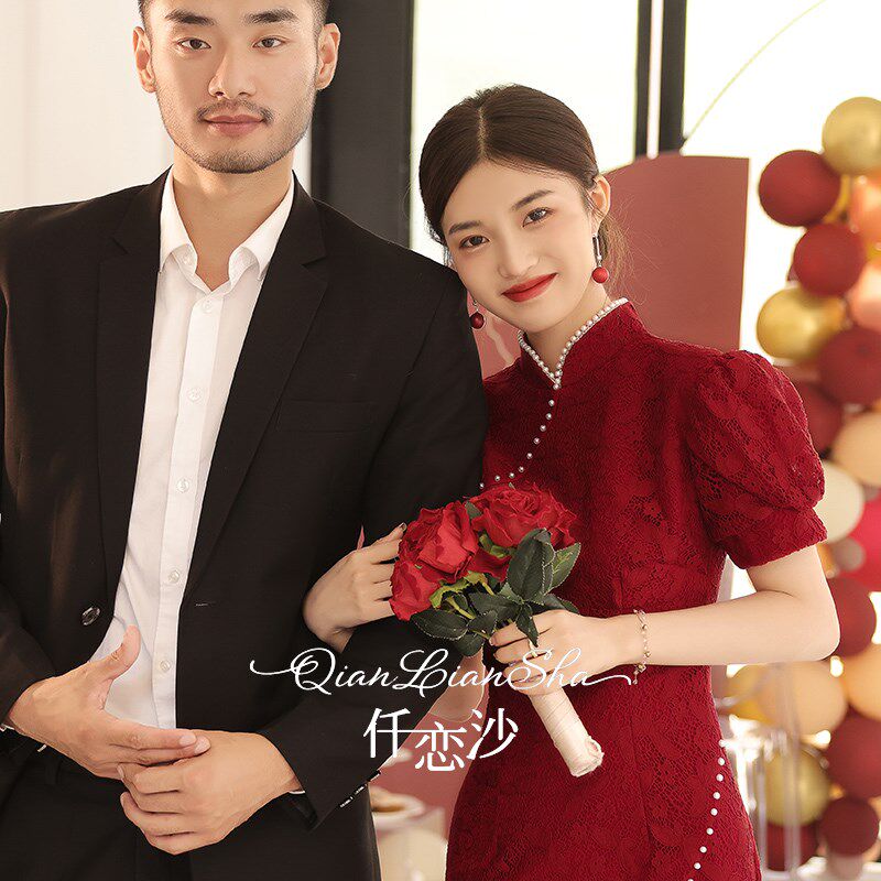 改良旗袍敬酒服新娘酒红色结婚回门中式订婚礼服连衣裙女夏季长款