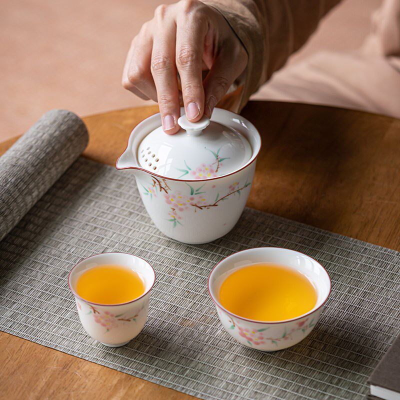 白瓷手绘桃花旅行茶具套装便携式快客杯便携包户外泡茶随身茶具