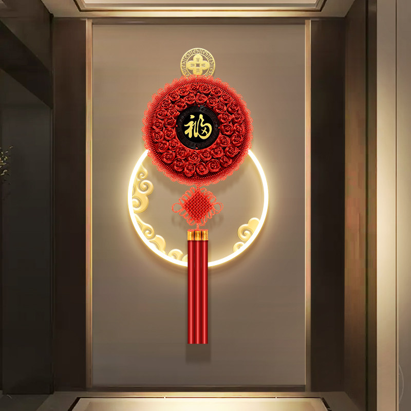 玄关福字挂画立体实物中国结走廊尽头led灯装饰画高级感发光壁画