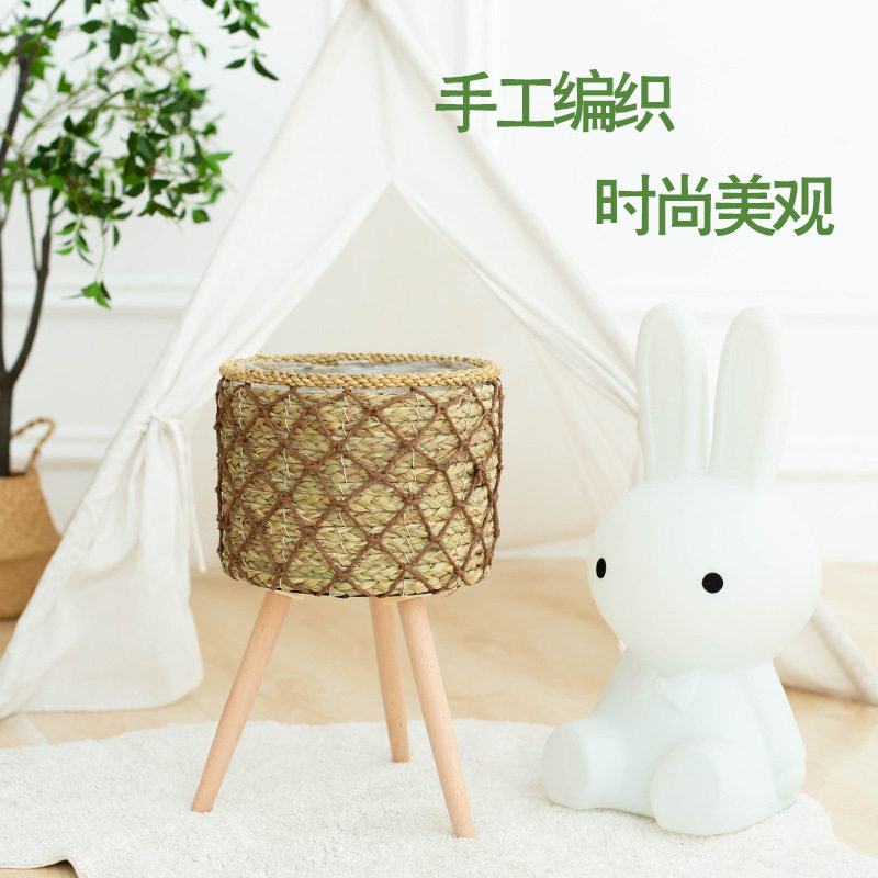 北欧编织花篮植物实木手工草编客厅落地花架子藤编花盆小阳台装饰