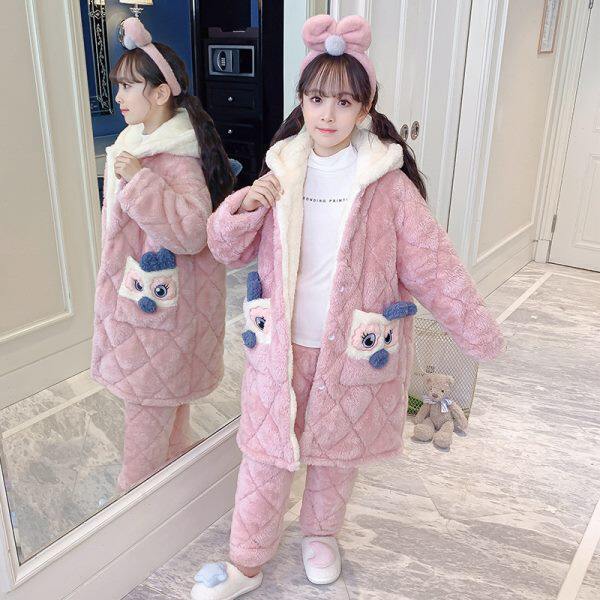 儿童睡衣冬季加厚款三层夹棉女童小孩珊瑚绒法兰绒睡袍保暖家居服