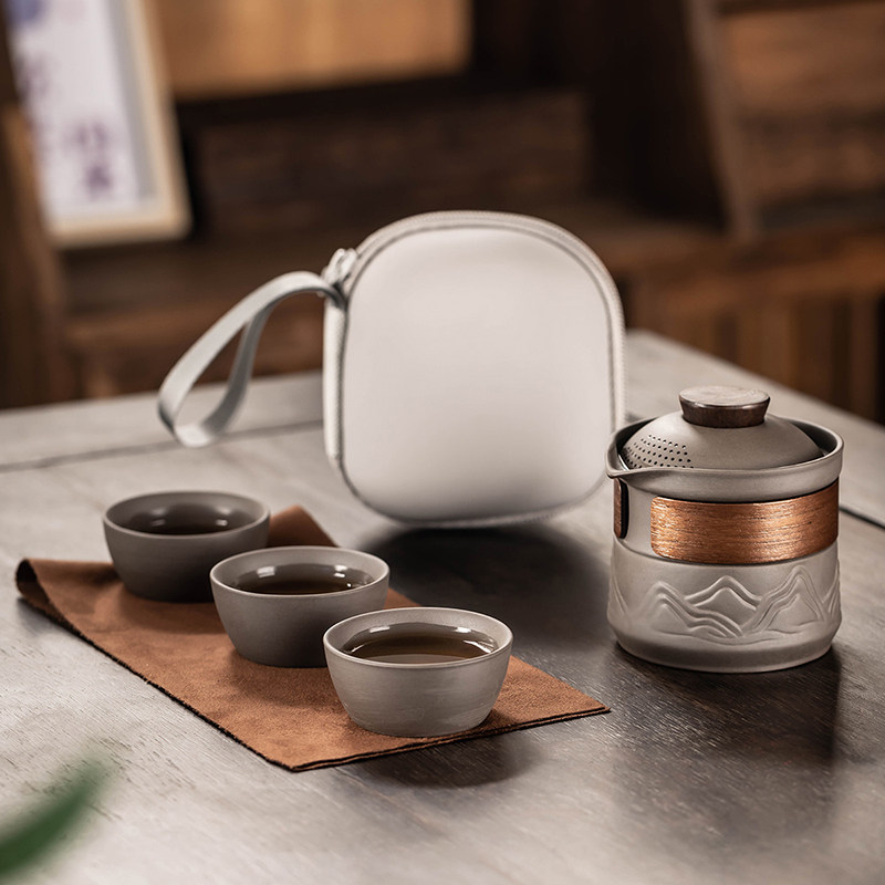 便携式紫砂旅行茶具套装室外露营一壶三杯陶瓷茶杯随身泡茶收纳包