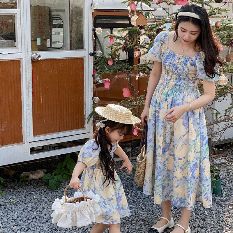 法式亲子装连衣裙一家三口夏季衬衫三亚海边度假母子母女装裙子