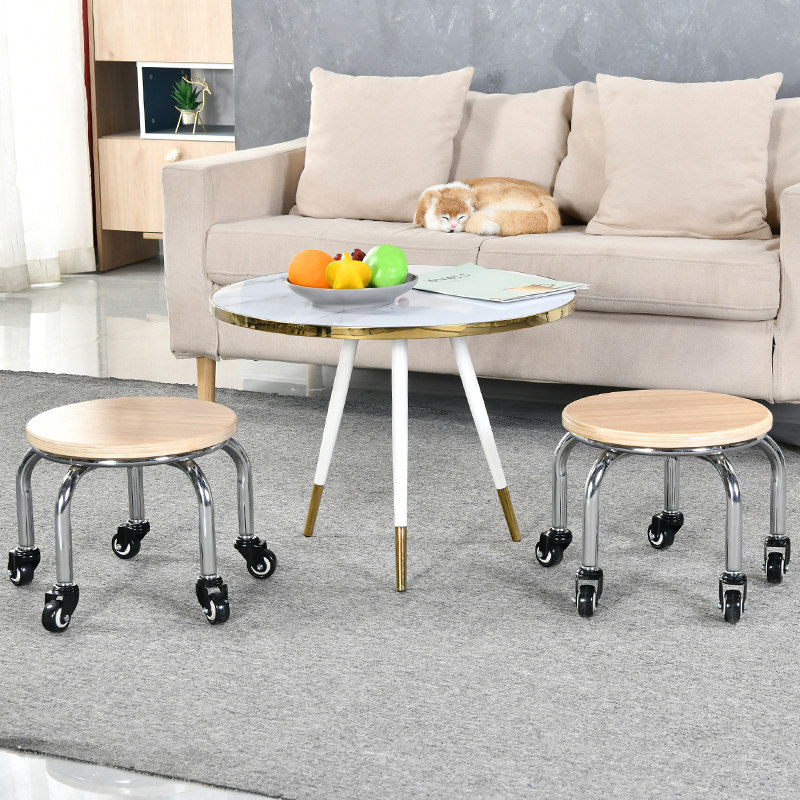 滑轮凳矮凳带轮实木多层小凳子万向移动成人家用圆凳靠背椅修脚凳