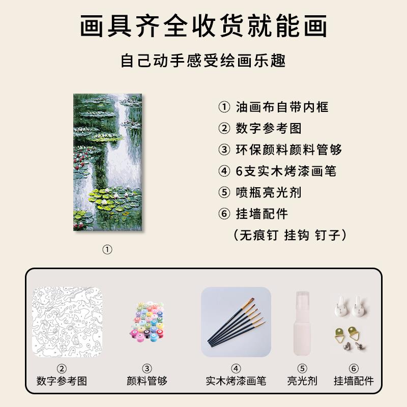 数字油画diy填色手绘油画世界名画莫奈睡莲玄关客厅大尺寸竖版画1