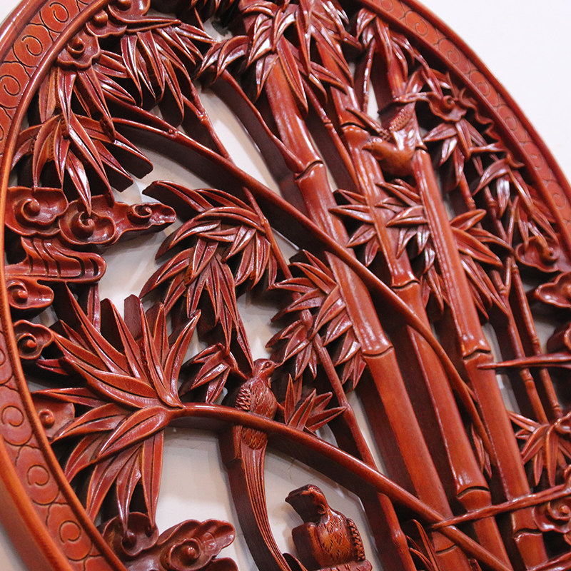 东阳木雕香樟木圆形挂件实木镂空雕刻中式仿古客厅背景墙竹子壁挂