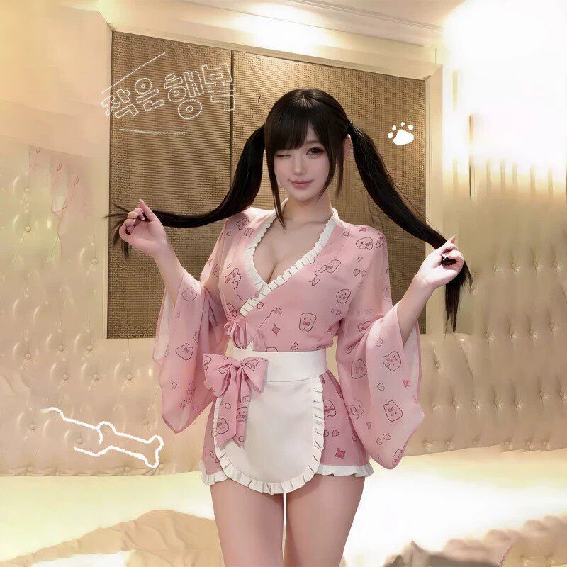 夏季女性感日系和服睡袍可爱女仆cos收腰绑带短裙性感居家服套装