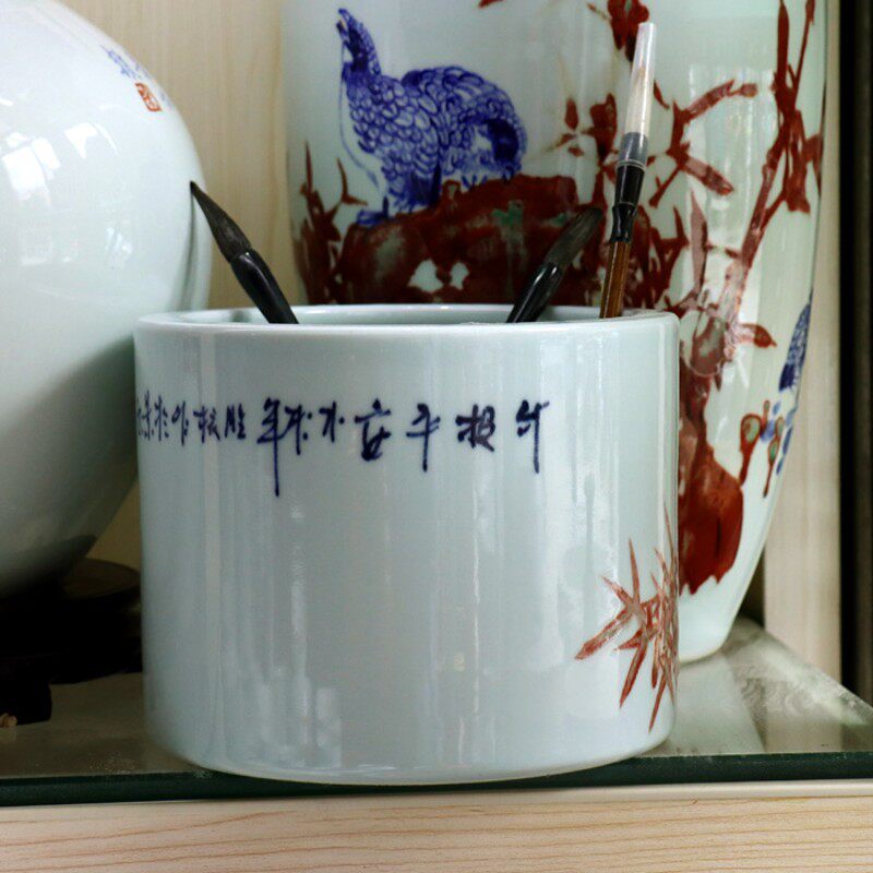 景德镇手绘收藏陶瓷青花瓷中国风毛笔笔筒办公室高档摆件大容量