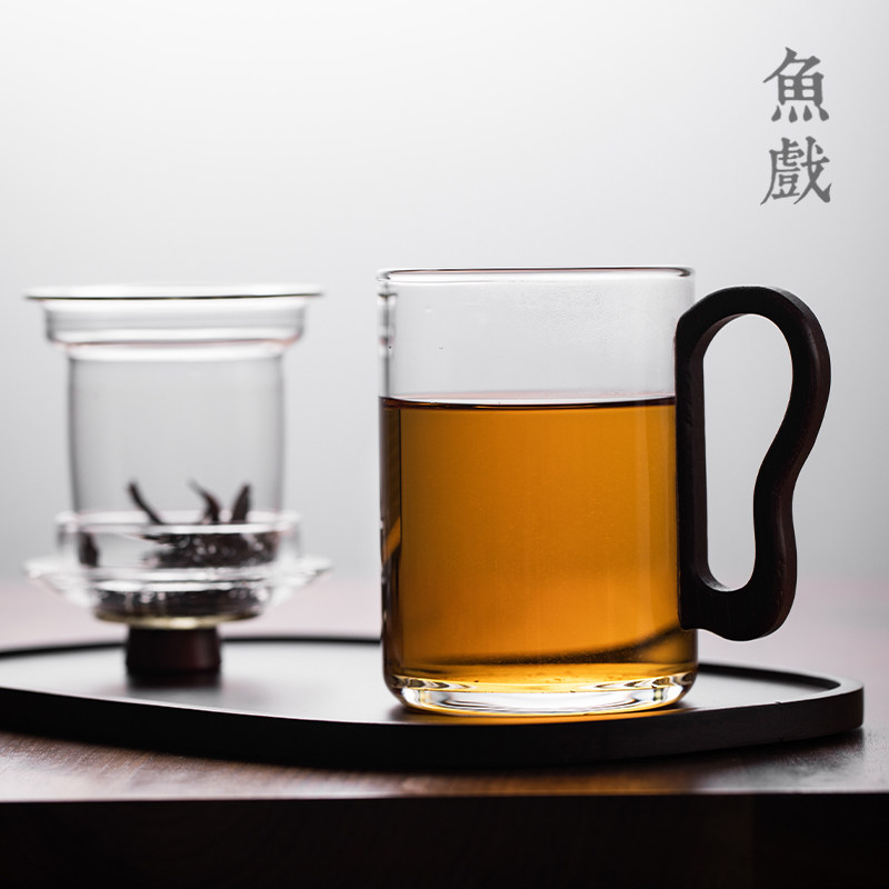 带盖子月牙过滤玻璃杯水杯茶水分离办公室绿茶杯子日式耐高温泡茶