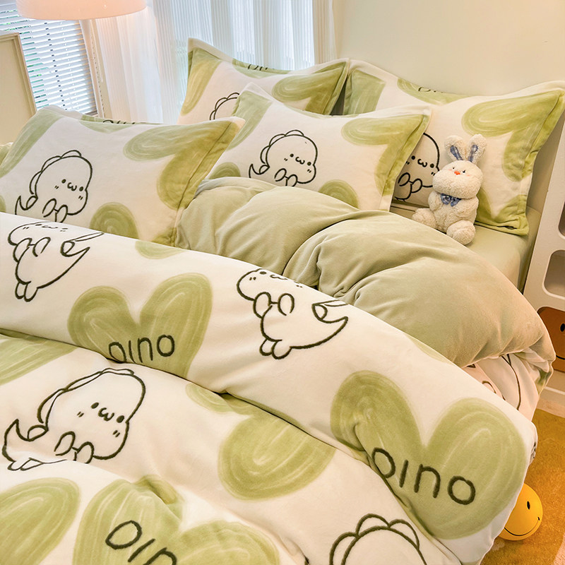 卡通儿童冬季加绒牛奶珊瑚绒被套单件双面床单被罩绿色被单四件套