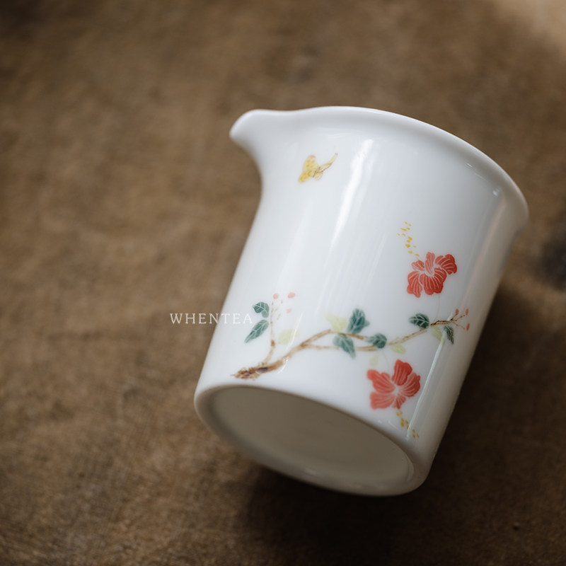 闻说景德镇纯手绘釉下彩公道杯 朱槿迷蝶 简约陶瓷家用茶具茶海