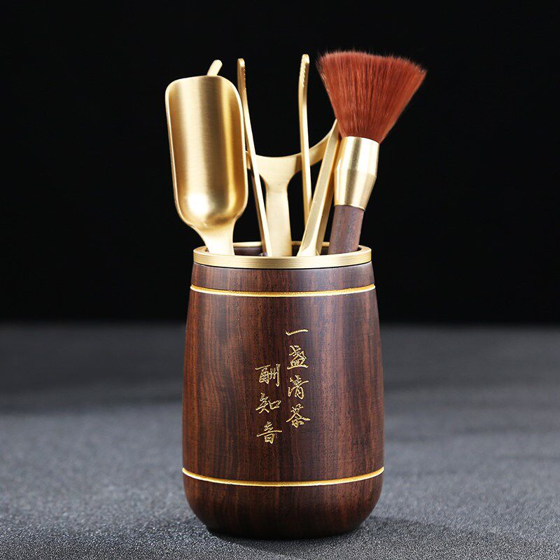 喝茶茶具茶夹配件养壶笔黄铜黑檀木茶道六君子套装功夫泡茶工具