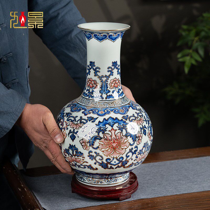 中式客厅玄关博古架高档摆件景德镇陶瓷花瓶手绘描金青花瓷礼盒装