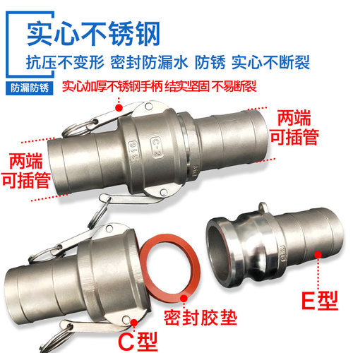 304不锈钢快速接头卡扣式油管皮1/3寸一水管快接扳把式CE型阴阳端