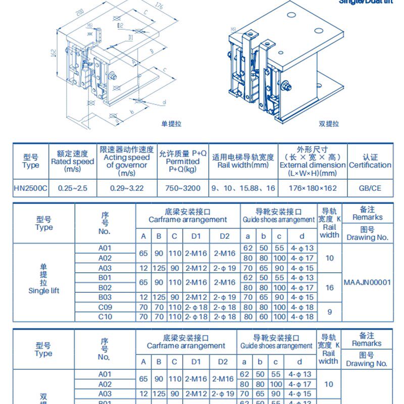 电梯安全钳 杭州沪宁HN2500C 渐进式安全钳 单双提拉 一体式提拉