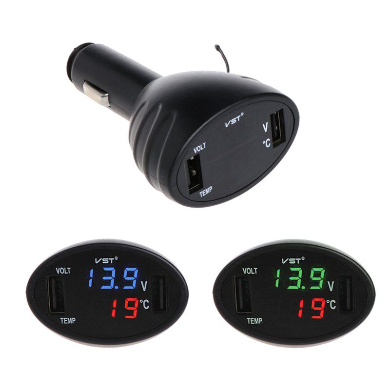 包邮3合1多功能汽车车载30W快充USB充电器12V 24V电压表温度计LED