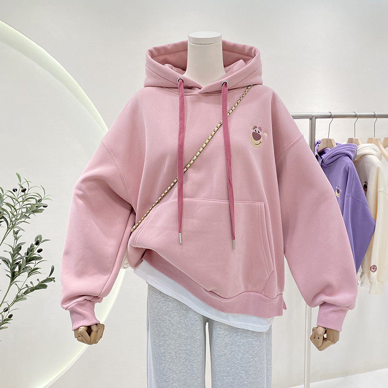 假两件加绒连帽卫衣女宽松2022年秋冬刺绣网红小熊休闲上衣外套