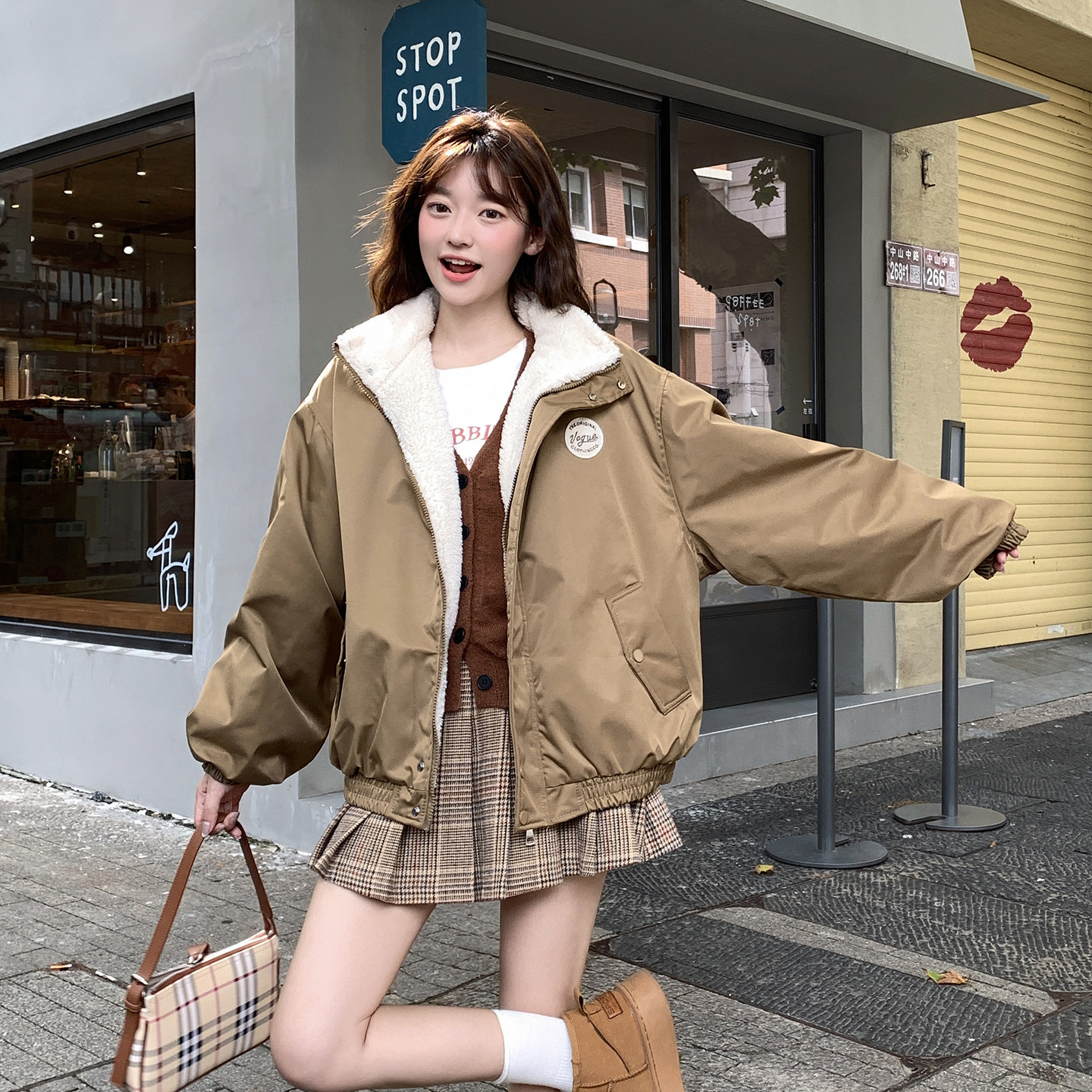美式复古短款棉服女羊羔毛加绒棉袄冬季新款学生oversize外套潮