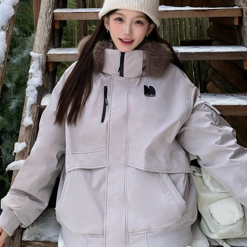 外贸男女同款情侣大毛领派克服刺绣M棉服机车服学生连帽羽绒棉服