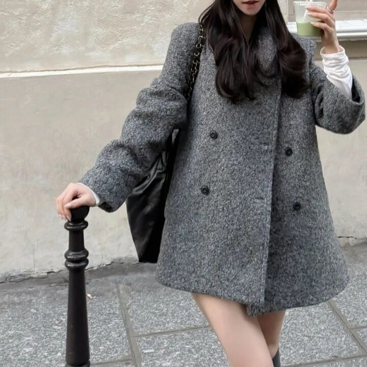 chic 韩系冬季温柔法式时尚后腰带设计感双排扣宽松毛呢外套大衣